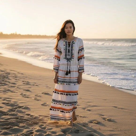 Dodo Bar Or Striped Pom Pom Maxi Dress Multi‎ Color Medium Boho Festival NEW - Picture 12 of 12